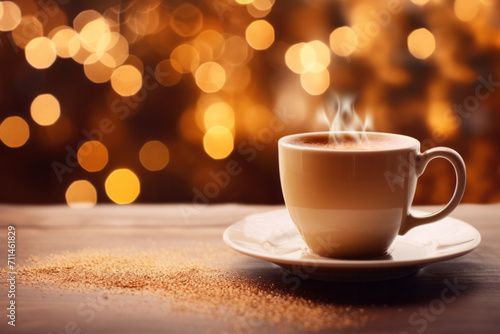 A cup with a hot drink on the table against a background of blurry lights. Concept for advertising coffee, tea, drinks. Еmpty space for text. 