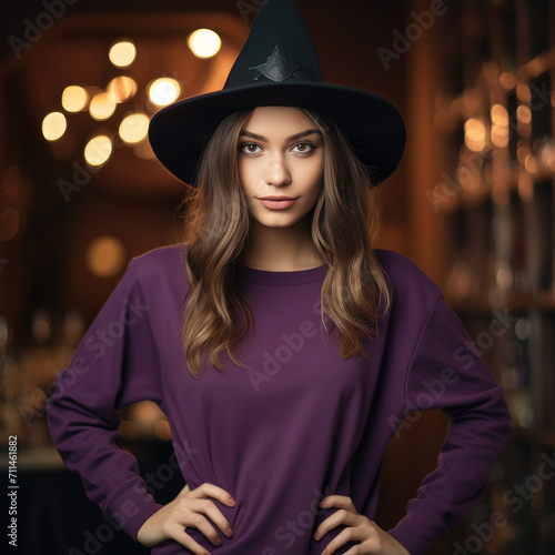 Carnival Elegance: Young Woman in Dark Aubergine Witch Attire