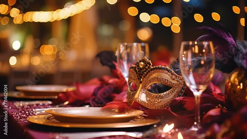 A grand masquerade ball held on a farm, with guests dressed in elegant costumes and enjoying a gourmet dinner made from locally sourced ingredients, in honor of the annual harvest celebration. photo