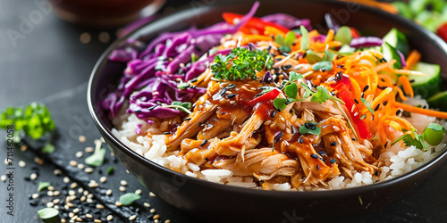 delicious stewed chicken with colorful vegetables on rice in a bowl photo