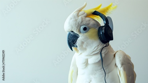 White parrot wearing a headphone with white background
 photo