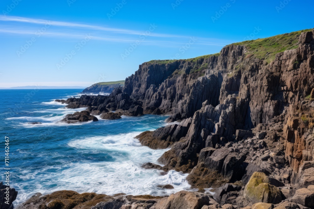 Rocky cliffs by the sea, with waves crashing below and a cloudless blue sky above, Generative AI