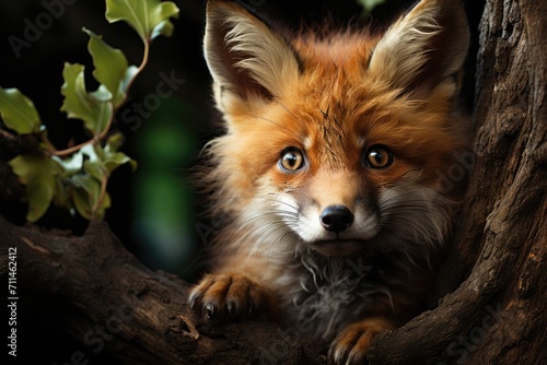 A cunning red fox perches atop a tree, its snout pointed towards the sky as it surveys the outdoor world of its fellow terrestrial animals, from swift foxes to kits and even the elusive dhole