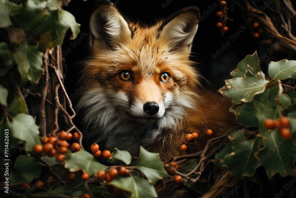 Naklejka premium A curious red fox pauses amidst the vibrant foliage, its gaze fixed on the camera with a mix of wildness and wonder