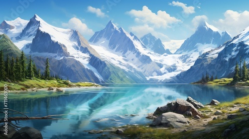 An intricately detailed mountain panorama, capturing a crystal-clear alpine lake amidst towering peaks - Generative AI