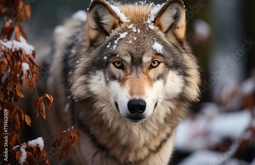 A majestic canis stands tall  its fur coated in a blanket of snow  showcasing the resilience and beauty of wild mammals in the harsh winter of the outdoors