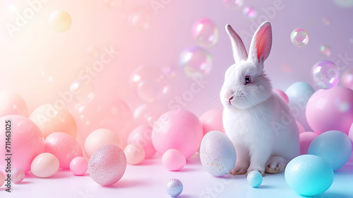 Wallpaper Mural Happy Easter, white rabbit with eggs on a light background.  Torontodigital.ca