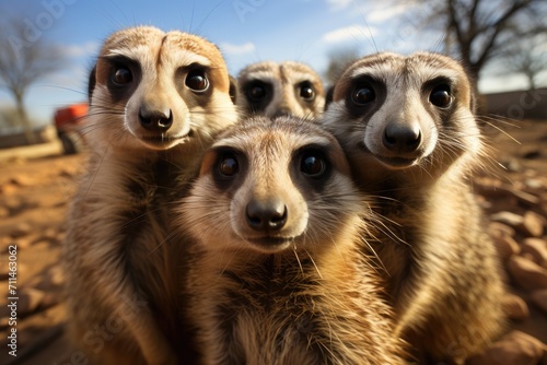 A curious band of terrestrial mammals, known as meerkats, gazes confidently into the camera, their snouts and fur perfectly suited for their outdoor lifestyle as members of the mongoose family, procy photo