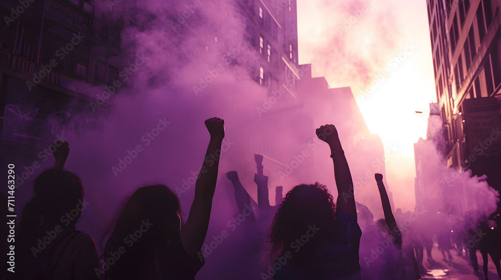 Photograph of a group of women closing fist of up high in a city street. Purple smoke color palette. Women's day. 8M