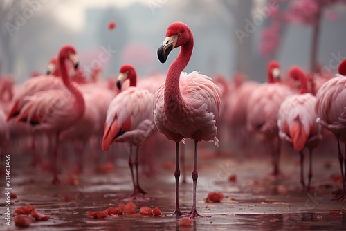 A flock of elegant greater flamingos gather together, their vibrant pink feathers contrasting against the cool blue water as they stand tall and proud on the wet ground