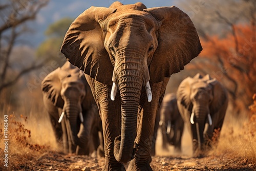 A majestic herd of african, indian, and asian elephants traverse the rugged terrain, their magnificent tusks glistening in the sun, as they journey through the wild savannah on a breathtaking safari 