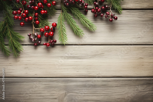 Christmas Evergreen Branches and Berries in Corner Over Rustic Wooden Background