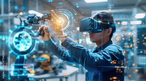 engineer in a virtual reality headset using a controller and a robot arm.