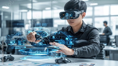 engineer in a virtual reality headset using a controller and a robot arm.