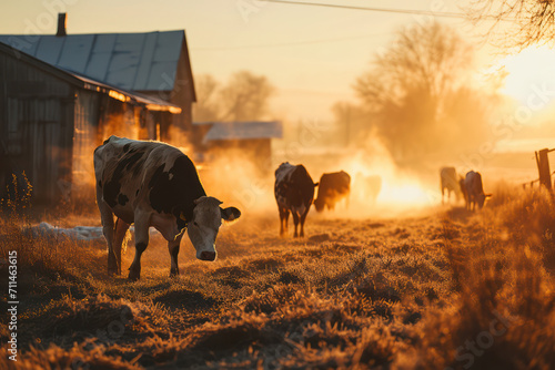 Serene Rural Landscape: Farming, Cattle Grazing on Green Pasture, and Majestic Sunrise