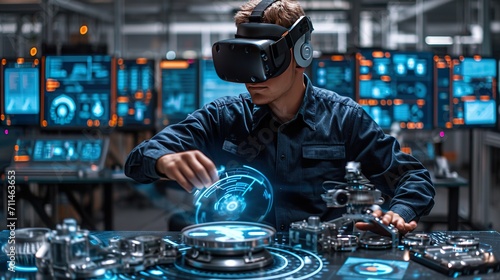 engineer in a virtual reality headset using a controller and a robot arm.