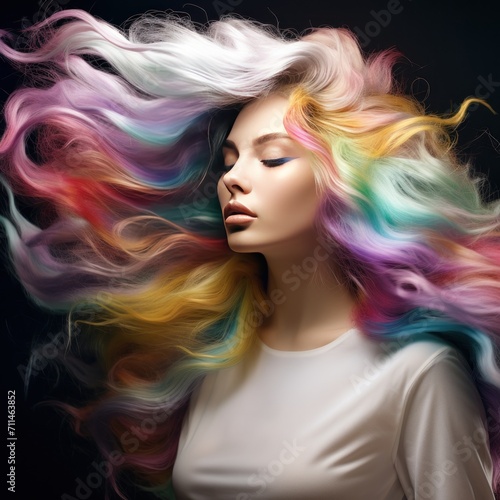 Stunning natural face beautiful woman with pastel colourful rainbow flowing hair