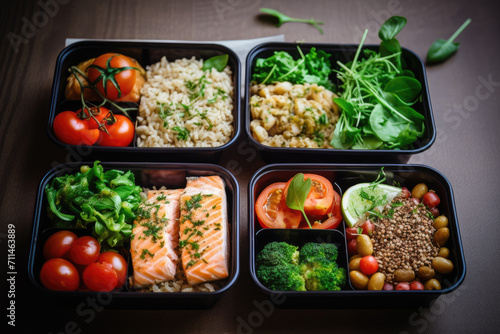 Healthy lunch in boxes over black background