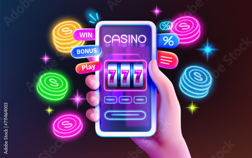 Casino online, Vegas 777 slots, phone screen game. Vector illustration 