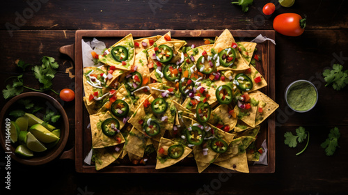 Top view of nachos on wooden board with avocado