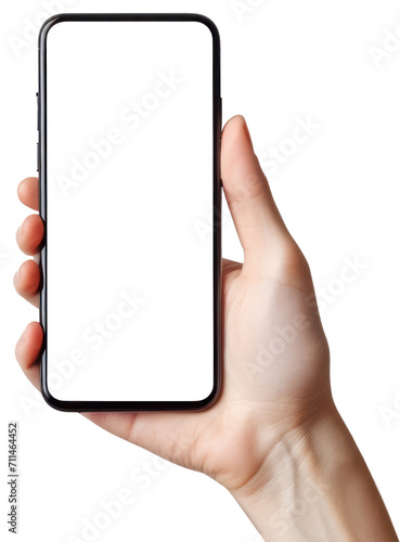 Hand holding a mobile phone , blank smartphone mockup illustration PNG element cut out transparent isolated on white background ,PNG file ,artwork graphic design.