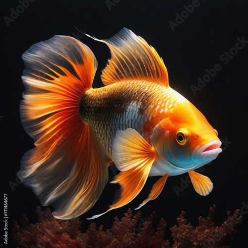 A stunning piece of AI artwork reveals a white, red, yellow and orange fish on a black background, adorned with a bright golden hourglass.
