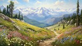 An intricately detailed mountain vista portraying a winding trail leading through lush valleys, vivid wildflowers, and distant snow-covered summits - Generative AI
