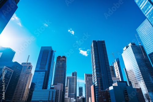  Urban skyline with skyscrapers reaching into a vibrant  deep blue city sky  Generative AI