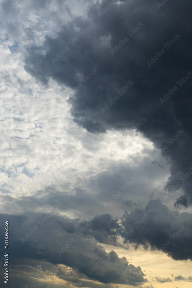 Dramatic sky with storm clouds before rain. Panoramic view of the stormy sky and dark clouds. Concept on the theme of weather, natural disasters. High quality photo