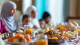 A family sharing an Iftar meal together, breaking their fast, Ramadan, blurred background, with copy space