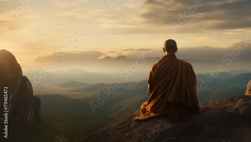 Buddhist monk man meditating. Calm beautiful mountains landscape. Buddhism religion. Person sit in lotus pose. Zen yoga practice. Peaceful nature beauty. Asian spiritual asana. Asia culture harmony. photo