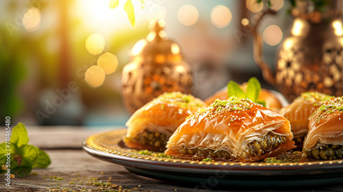 A traditional Ramadan sweet like baklava or qatayef, Ramadan, blurred background, with copy space photo