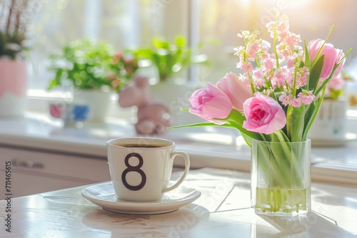 Wallpaper Mural calendar with date 8 MARCH, flowers and cup on dining table. International Women's Day celebration Torontodigital.ca