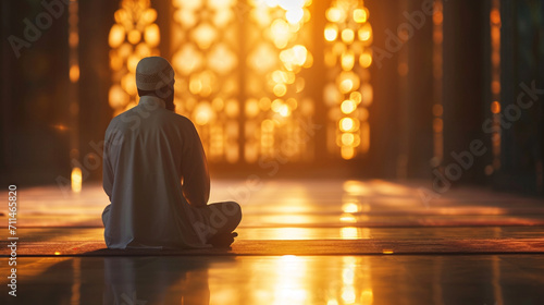 A Muslim man in contemplative prayer during Ramadan  Ramadan  blurred background  with copy space