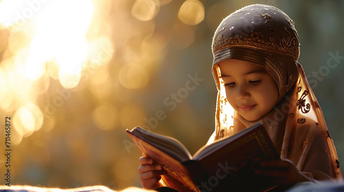 A young child learning to read the Quran during Ramadan, Ramadan, blurred background, with copy space photo