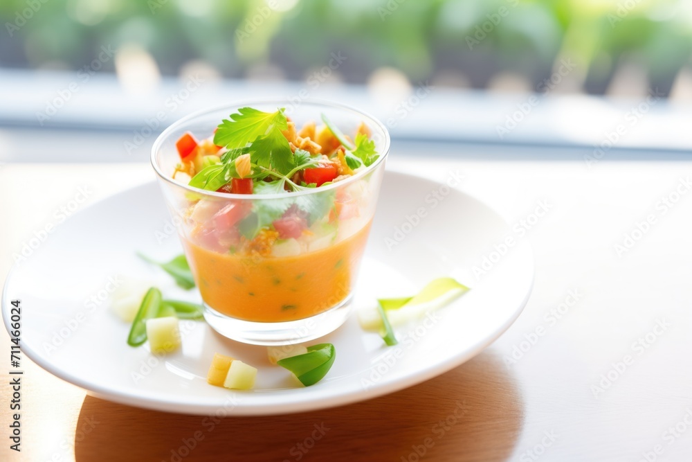 gazpacho topped with diced tomatoes and peppers gazpacho topped with diced tomatoes and peppers