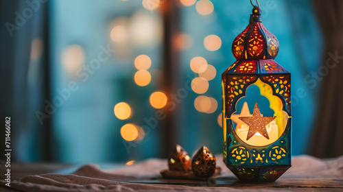A Ramadan-themed craft activity, such as making lanterns or moon and star decorations, Ramadan, blurred background, with copy space © Катерина Євтехова