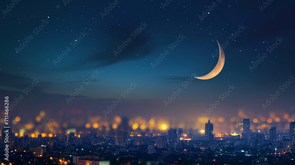 A scenic view of a city skyline with a crescent moon, marking Ramadan, Ramadan, blurred background, with copy space A scenic view of a city skyline with a crescent moon, marking Ramadan, Ramadan, blurred background, with copy space