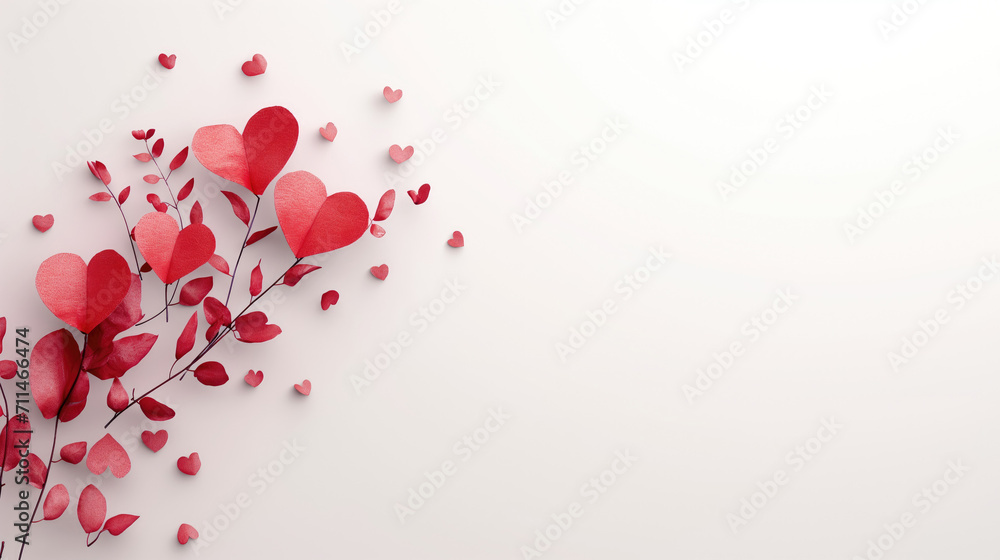 Valentine's Day romantic banner. Branch with leaves and red hearts, white background, copy space. Love, passion, relationship concept. Greeting card
