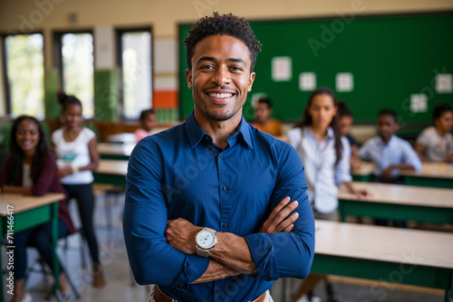 Generative AI illustration of confident young black teacher with arms crossed standing in a classroom full of students looking at camera photo