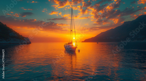 Sailing in the sea at sunset. Luxury Sailboat in the ocean at sunset. Sailing luxury yacht with white sails in the Sea.
