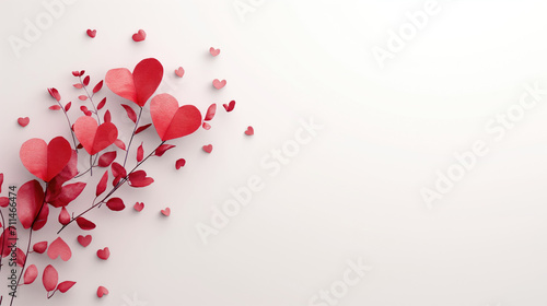 Valentine s Day romantic banner. Branch with leaves and red hearts  white background  copy space. Love  passion  relationship concept. Greeting card