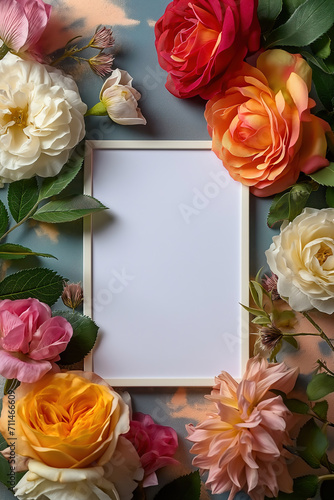Generative AI illustration of portrait oriented blank frame nestled among a lush arrangement of roses and other flowers with a soft blue backdrop photo