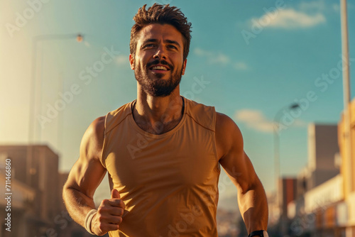 Urban sunset run: young man expressing fitness and joy Generative AI image photo