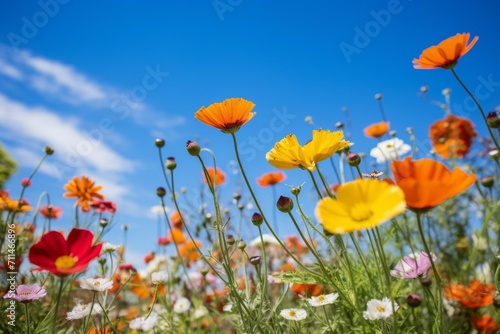  Vibrant summer flowers in a botanical garden set against a backdrop of a cloudless blue sky  Generative AI