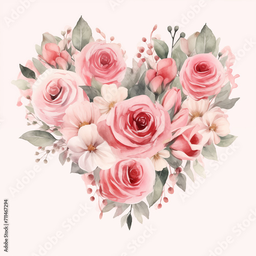 Beautiful Watercolor Floral Heart with Roses leaves flowers Valentine's Day Illustration Isolated Decoration