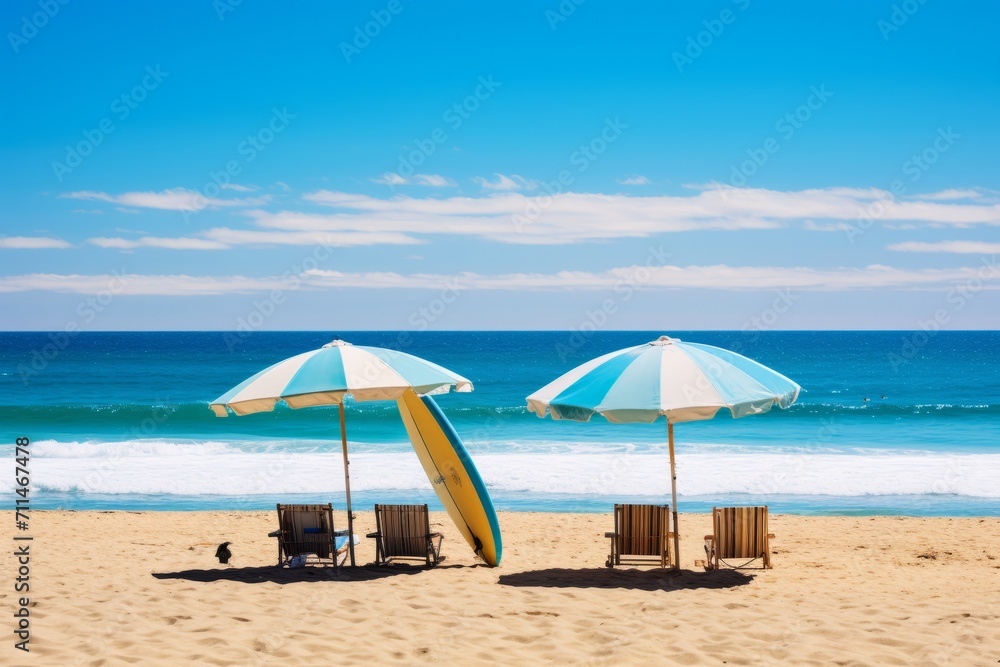 A classic beach scene with umbrellas and surfboards under a radiant blue sky, Generative AI