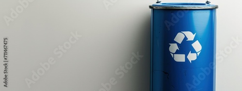Blue can with recycling symbol, concept of environmental preservation and Earth Day. photo