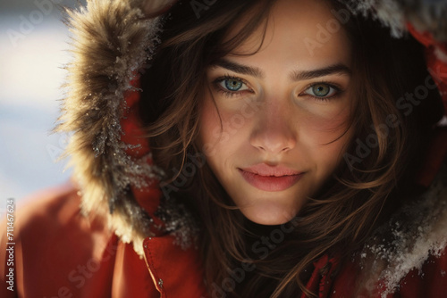 Generative AI illustration of enchanting woman with captivating eyes wrapped in a red snow kissed parka radiating a soft winter glow photo