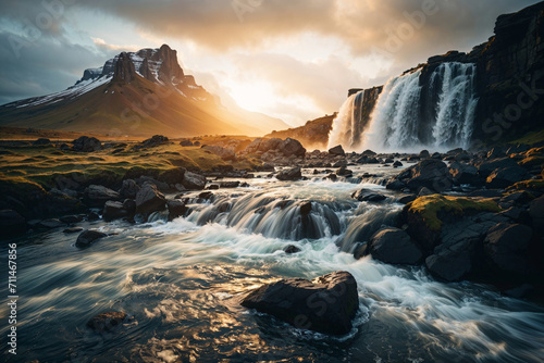 Majestic Waterfall and Mountain Landscape at Sunset Generative AI image